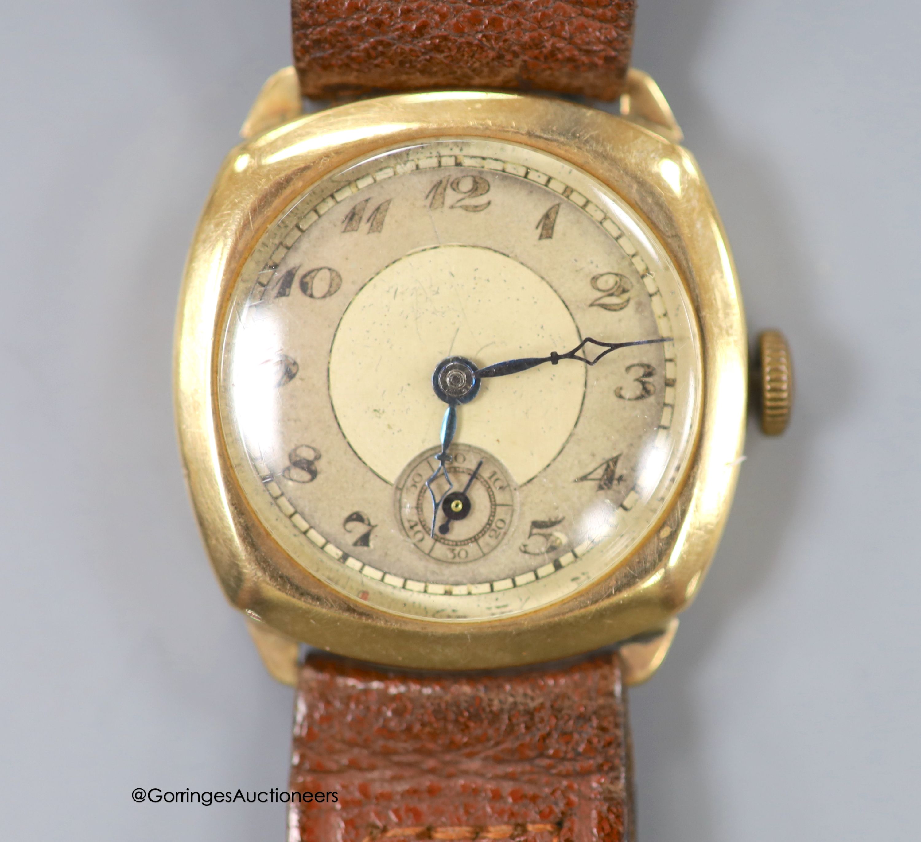 A gentleman's 1930's 9ct gold Huba manual wind wrist watch, with leather strap, case diameter 29mm, gross weight 26.2 grams.